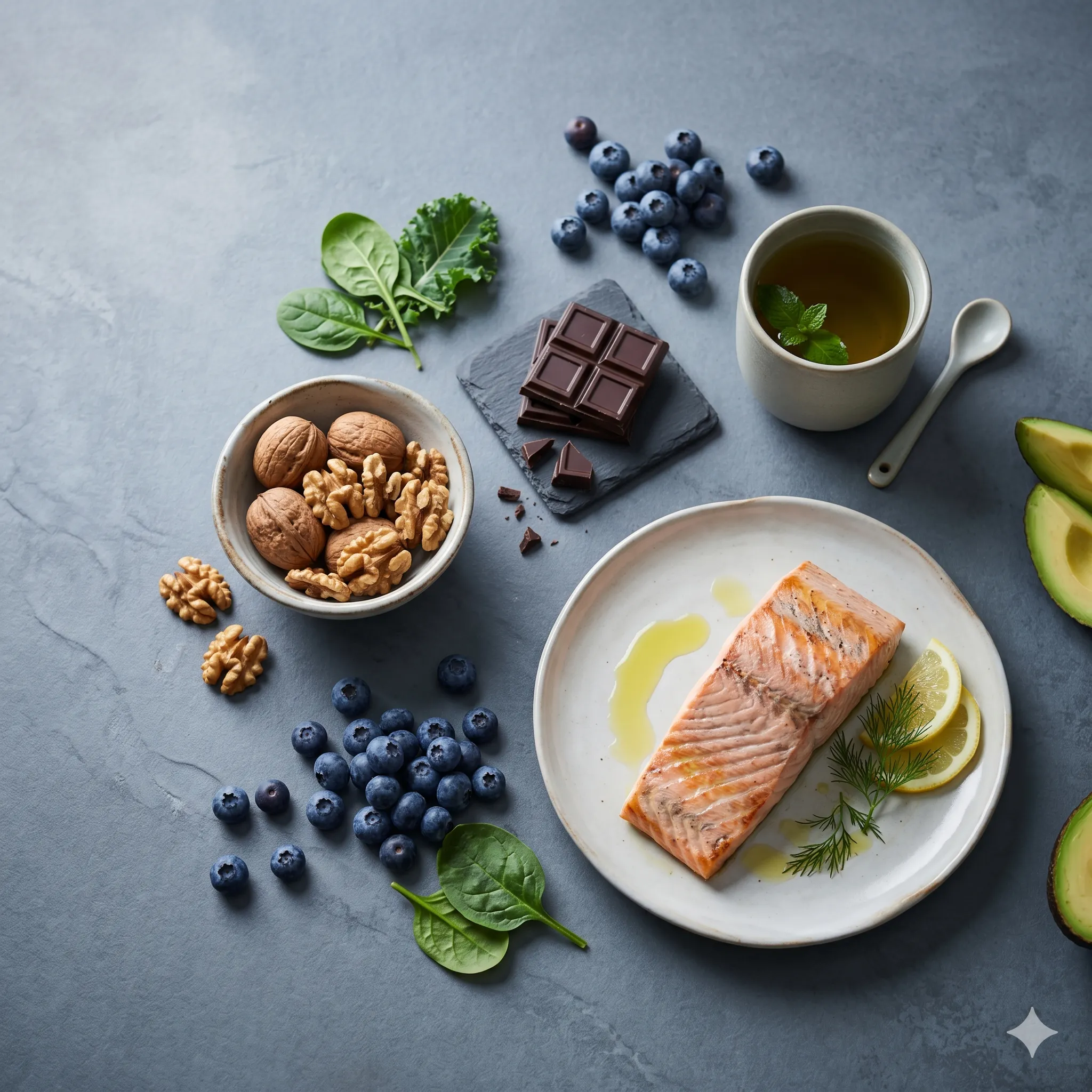 Brain-boosting foods including walnuts, blueberries and salmon